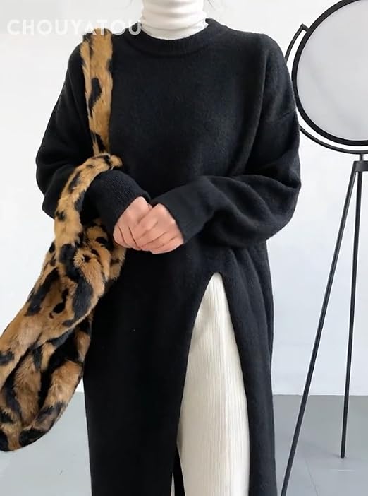 chouyatou Women's Sexy High Slit Long Sweaters Casual Crewneck